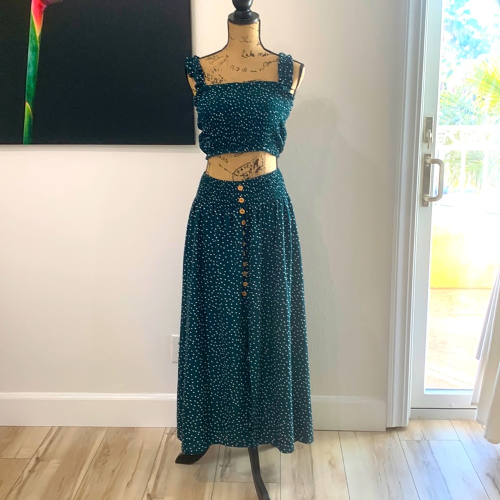 2 piece halter and skirt, dark green with white polka dots